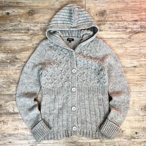 Express Vintage Chunky Cable Knit L Hood Cardigan Sweater Gray Button Y2K Nordic